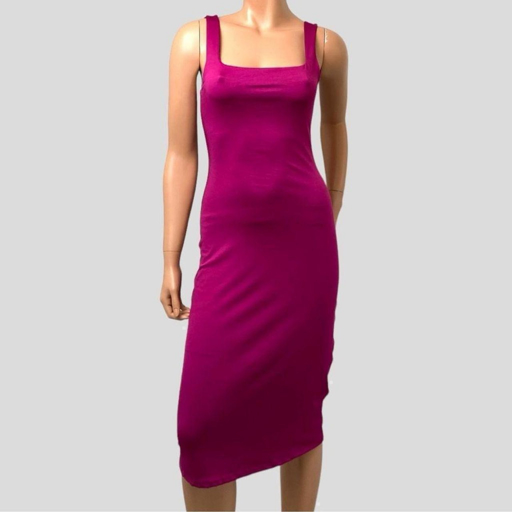 Sincerely Jules Hot Fuchsia M Slinky Sleeveless Square Neck Bodycon Midi Dress - Picture 2 of 6